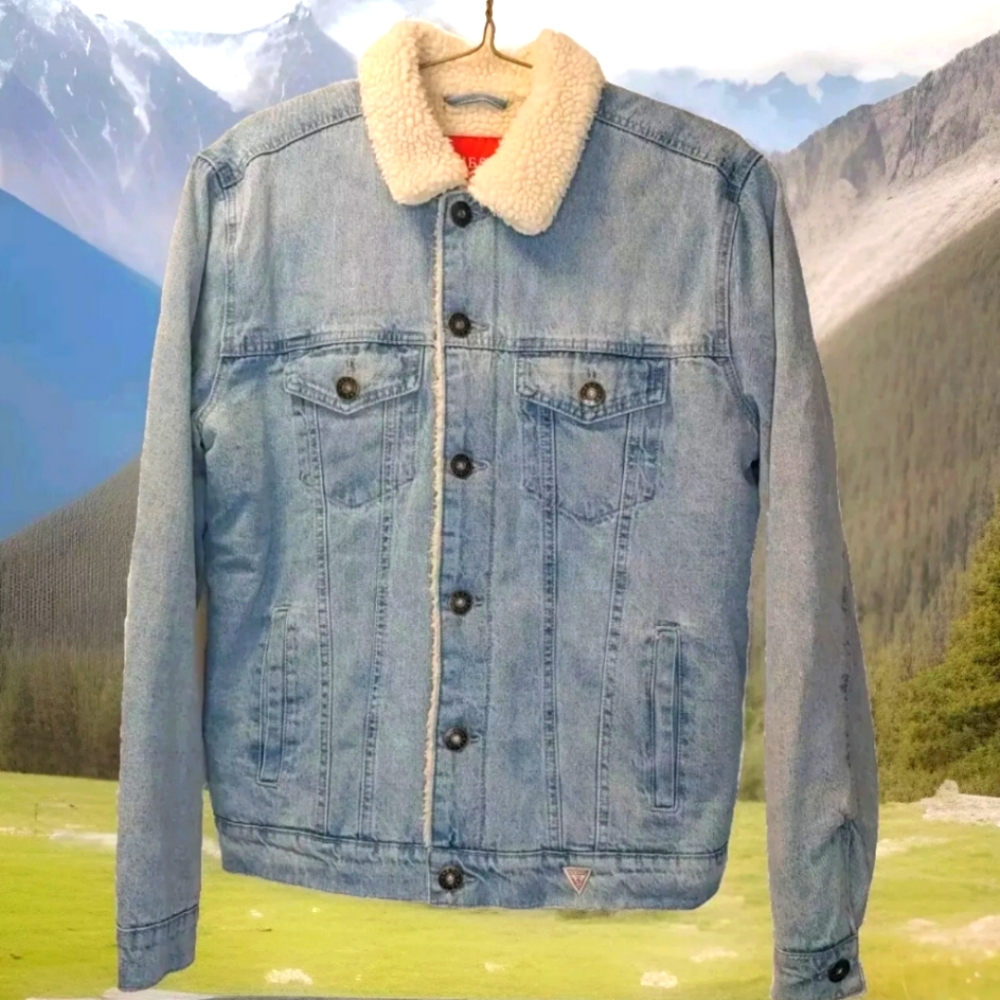 Y2k Vtg Guess Sherpa Lined Jean Jacket Sz Med Trucker Grunge Streetwear Biker